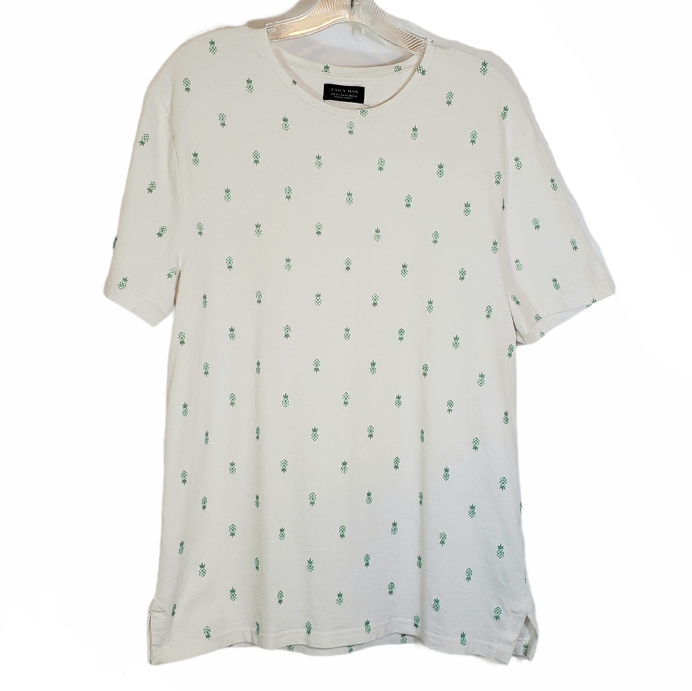 Zara Men White Pineapple Pattern Short Sleeve Shirt Size Medium